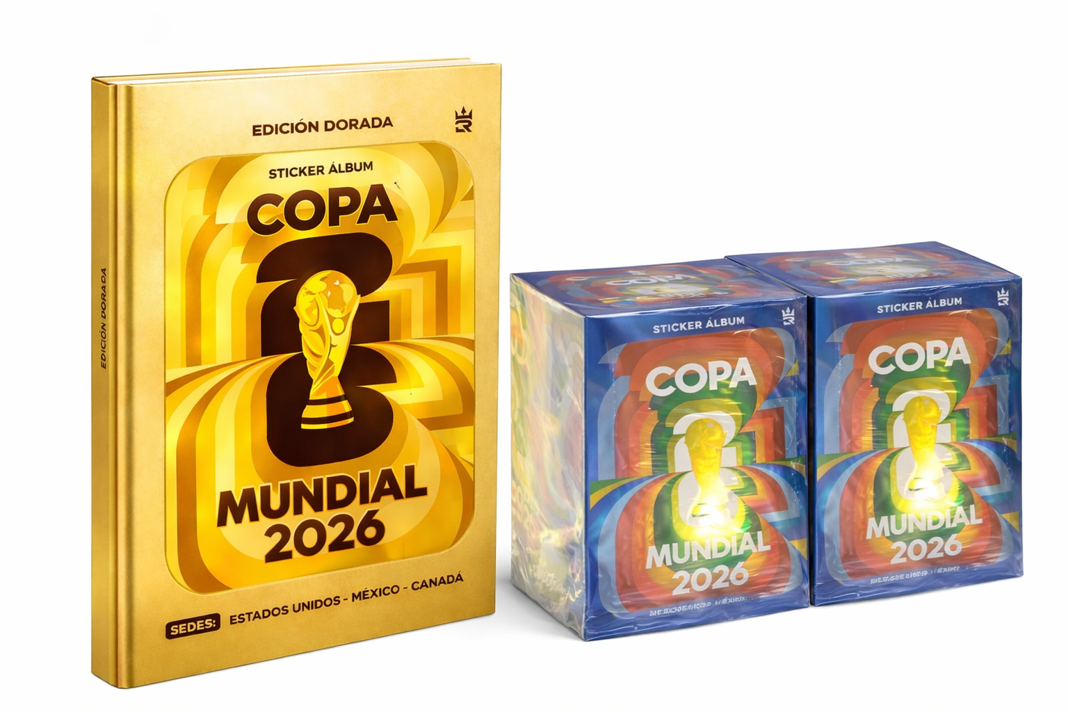 Album Tapa Dura Dorada Mundial 2026 3 Reyes (Navarrete) + 2 Cajas de 50 Sobres